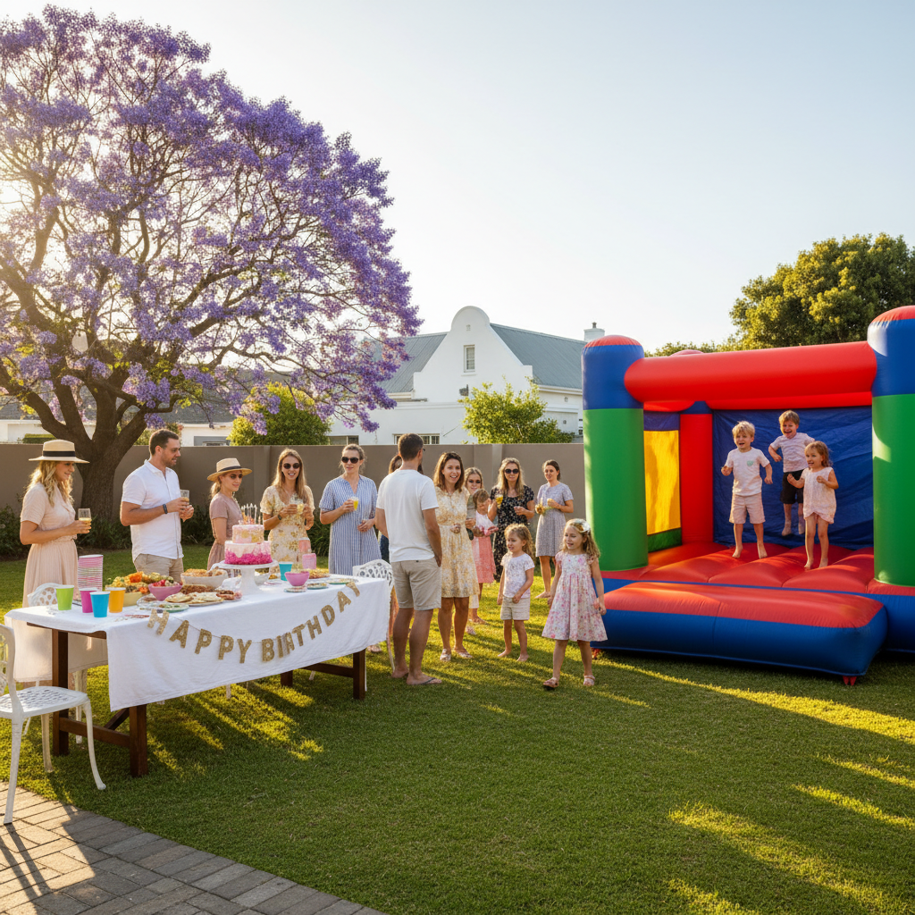Cape Town child's birthday party scene with inflatable jumping castle, party tables and decorations on a suburban lawn