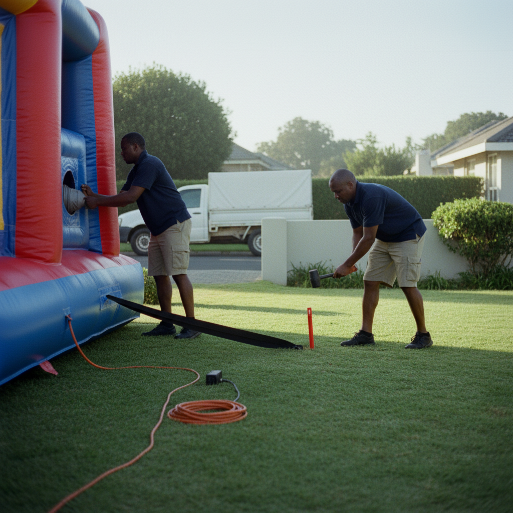 Just 4 Fun jumping castle delivery and setup team inflating an inflatable castle in a Cape Town suburb