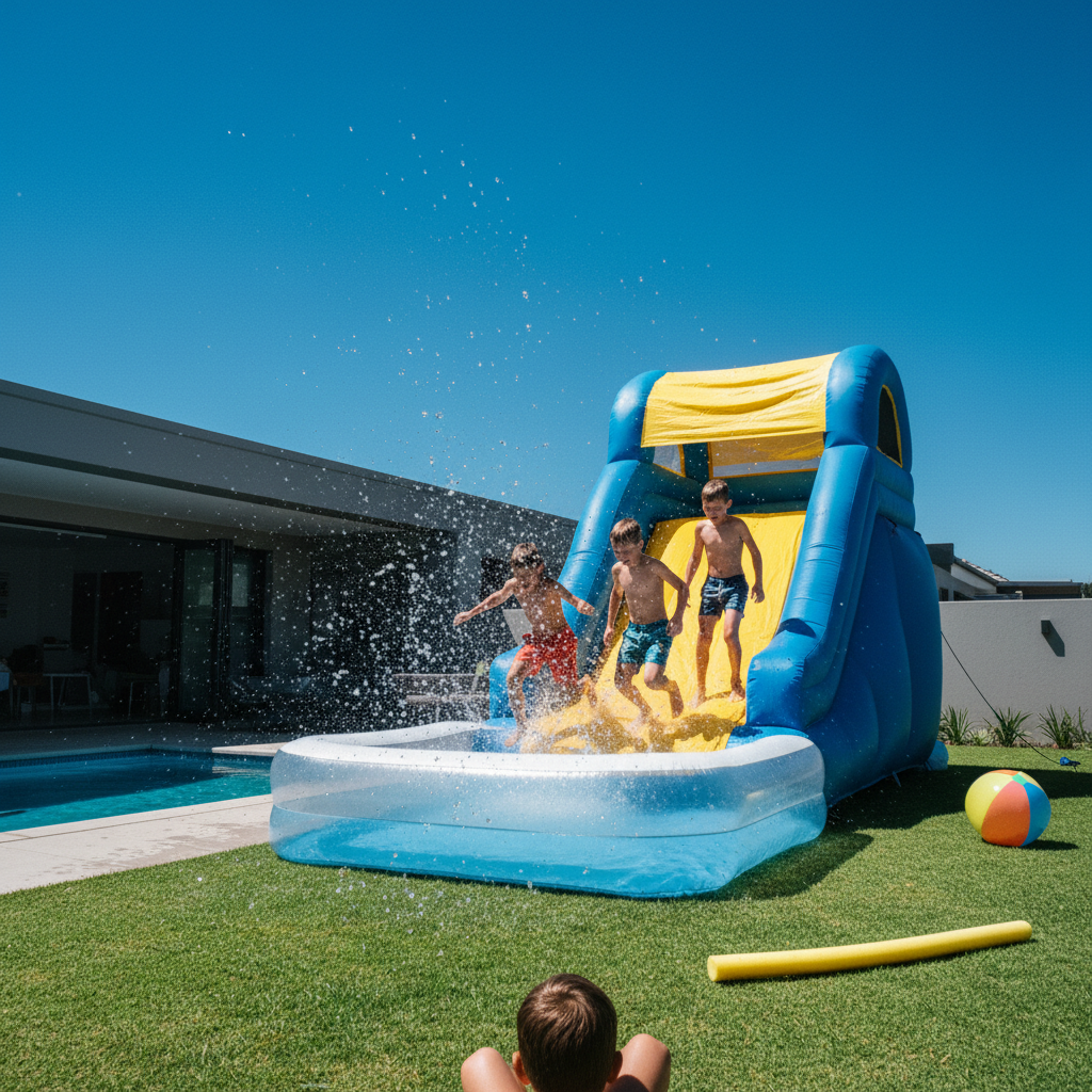 Large inflatable jumping castle with slide and water pond combo at a Cape Town summer pool party