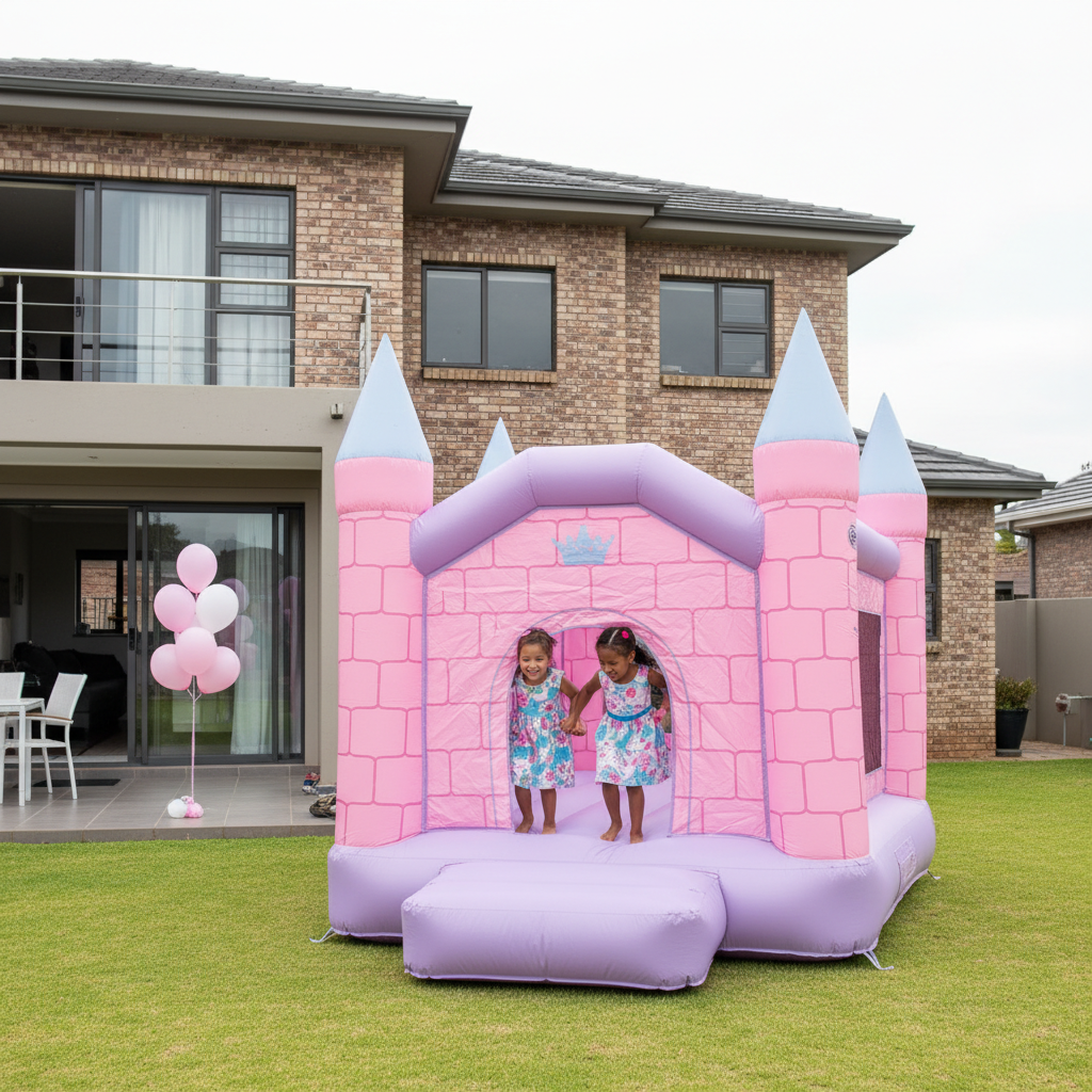 Pink princess themed jumping castle for hire at a Cape Town girl's birthday party in Durbanville